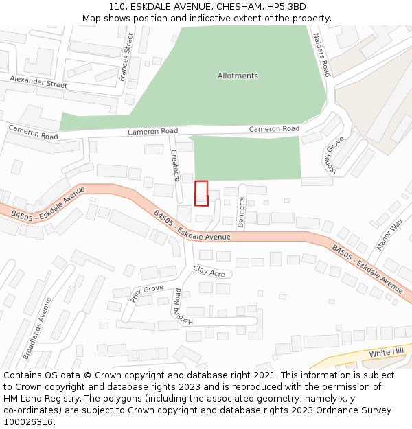 110, ESKDALE AVENUE, CHESHAM, HP5 3BD: Location map and indicative extent of plot