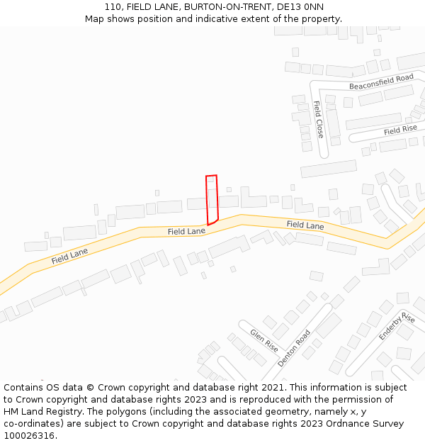 110, FIELD LANE, BURTON-ON-TRENT, DE13 0NN: Location map and indicative extent of plot