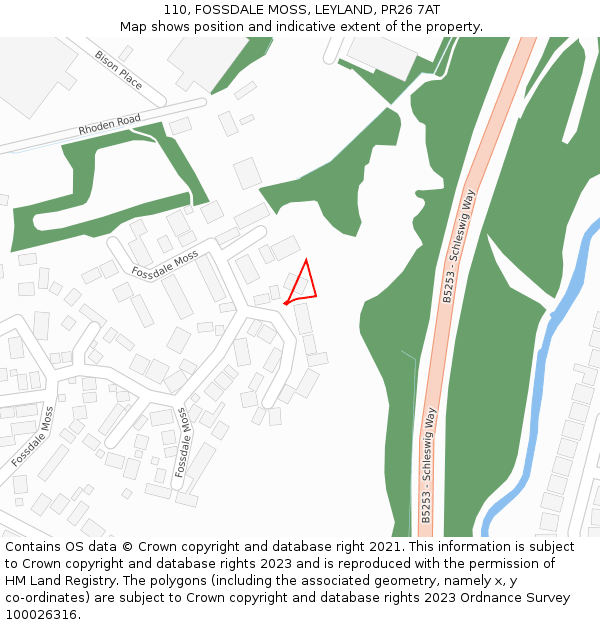 110, FOSSDALE MOSS, LEYLAND, PR26 7AT: Location map and indicative extent of plot