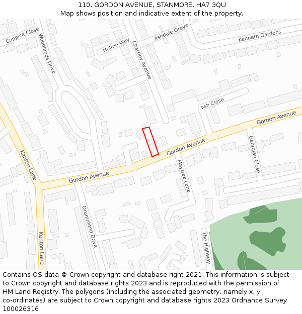 110, GORDON AVENUE, STANMORE, HA7 3QU: Location map and indicative extent of plot