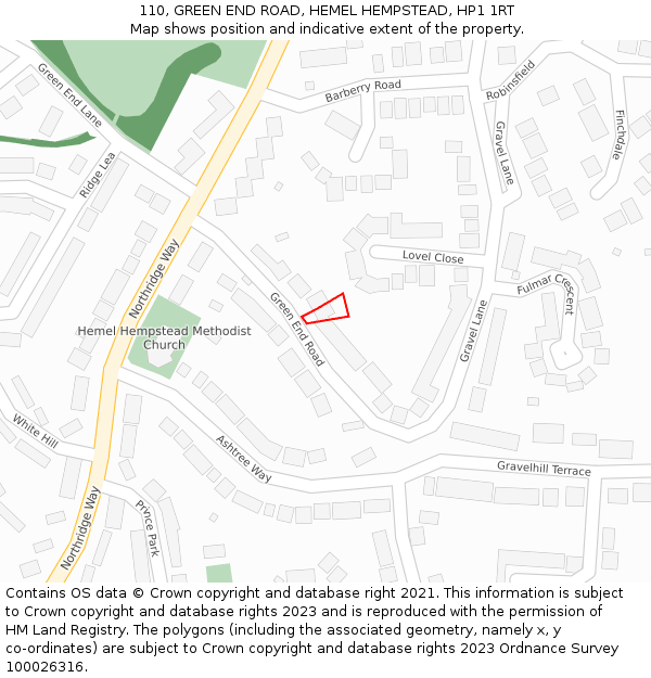 110, GREEN END ROAD, HEMEL HEMPSTEAD, HP1 1RT: Location map and indicative extent of plot