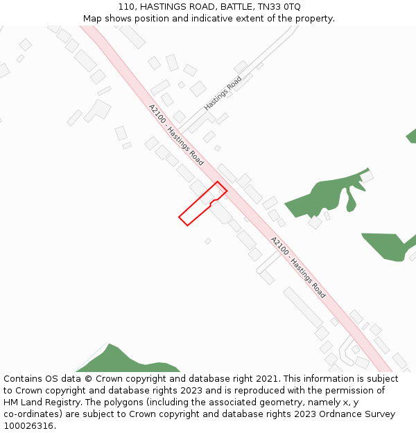 110, HASTINGS ROAD, BATTLE, TN33 0TQ: Location map and indicative extent of plot