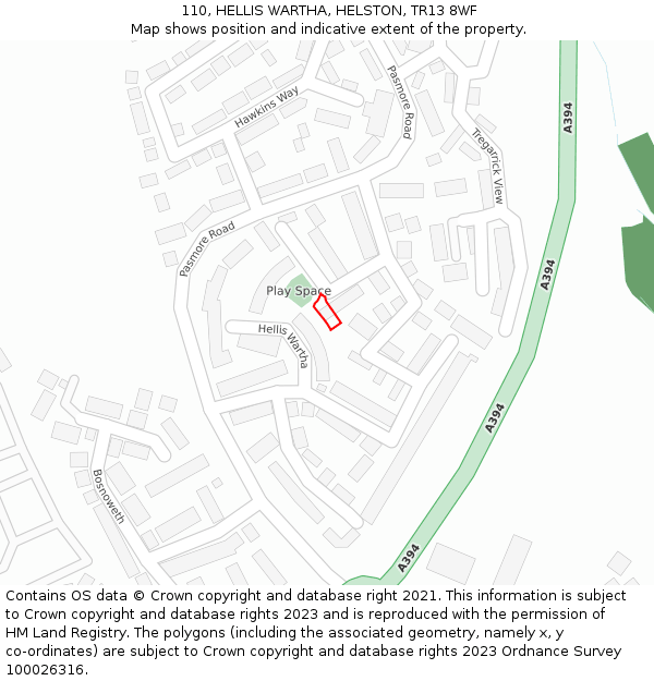 110, HELLIS WARTHA, HELSTON, TR13 8WF: Location map and indicative extent of plot