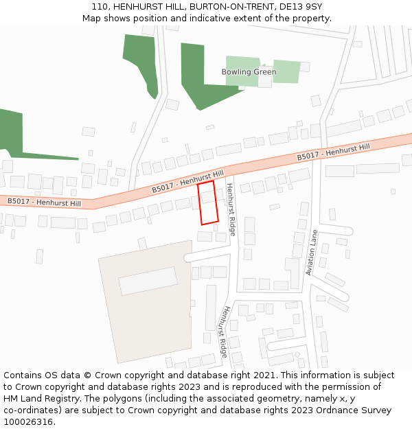 110, HENHURST HILL, BURTON-ON-TRENT, DE13 9SY: Location map and indicative extent of plot