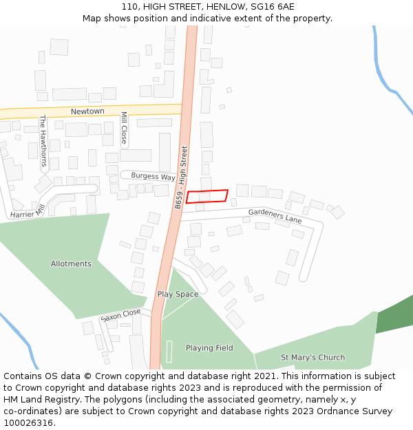 110, HIGH STREET, HENLOW, SG16 6AE: Location map and indicative extent of plot