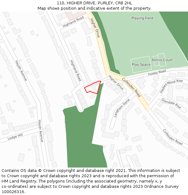 110, HIGHER DRIVE, PURLEY, CR8 2HL: Location map and indicative extent of plot