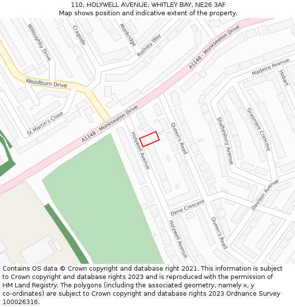 110, HOLYWELL AVENUE, WHITLEY BAY, NE26 3AF: Location map and indicative extent of plot