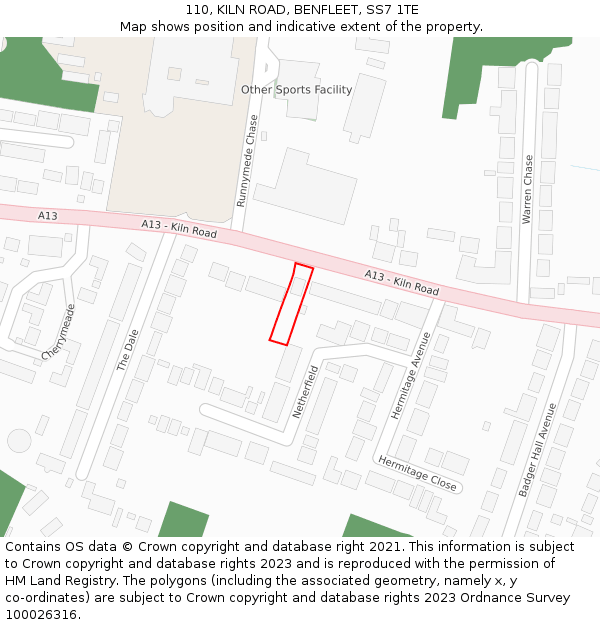 110, KILN ROAD, BENFLEET, SS7 1TE: Location map and indicative extent of plot