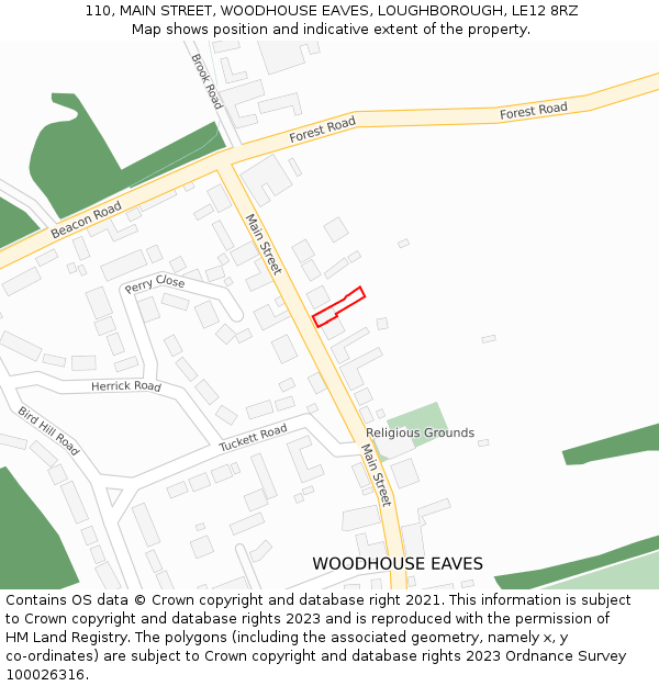 110, MAIN STREET, WOODHOUSE EAVES, LOUGHBOROUGH, LE12 8RZ: Location map and indicative extent of plot