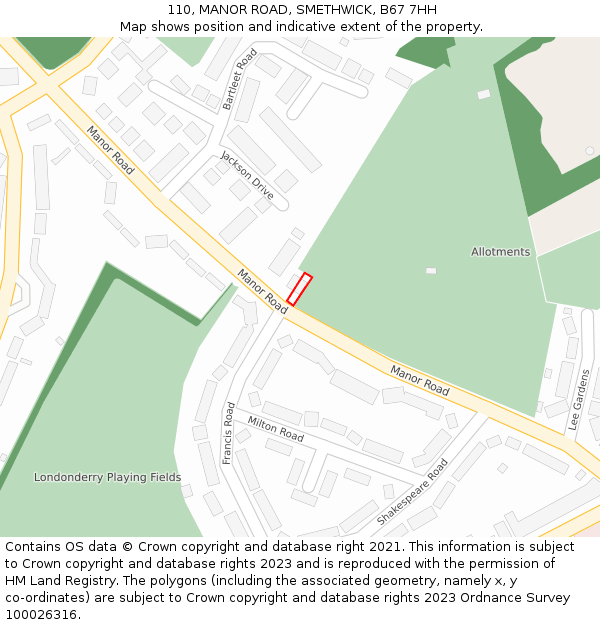 110, MANOR ROAD, SMETHWICK, B67 7HH: Location map and indicative extent of plot