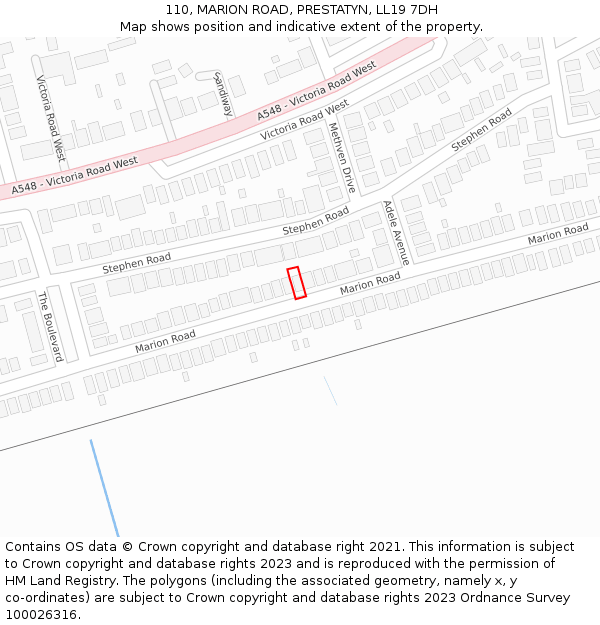 110, MARION ROAD, PRESTATYN, LL19 7DH: Location map and indicative extent of plot