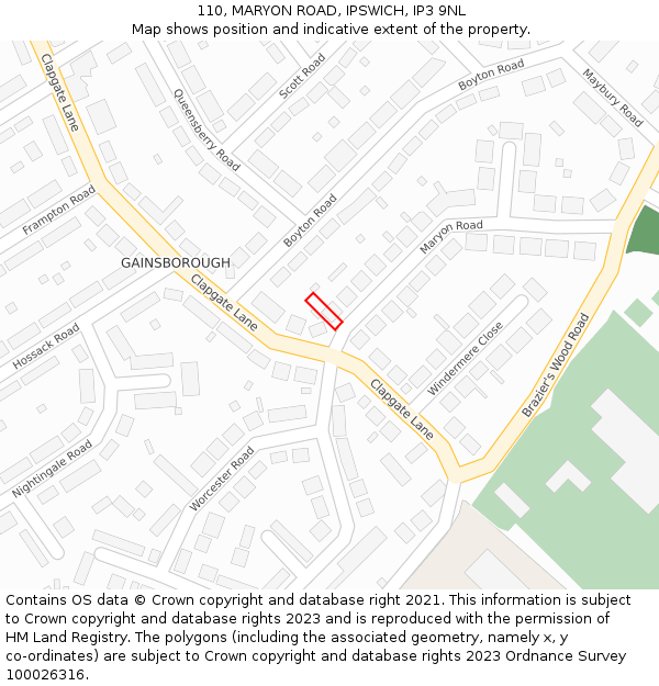 110, MARYON ROAD, IPSWICH, IP3 9NL: Location map and indicative extent of plot