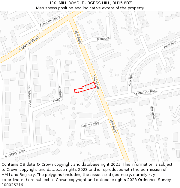 110, MILL ROAD, BURGESS HILL, RH15 8BZ: Location map and indicative extent of plot