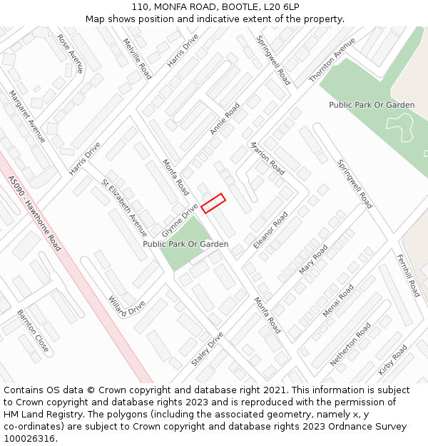 110, MONFA ROAD, BOOTLE, L20 6LP: Location map and indicative extent of plot