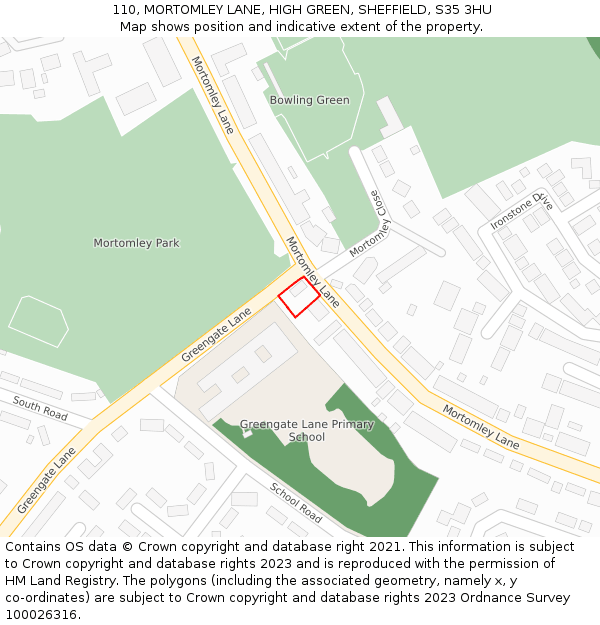 110, MORTOMLEY LANE, HIGH GREEN, SHEFFIELD, S35 3HU: Location map and indicative extent of plot