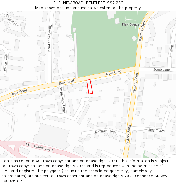 110, NEW ROAD, BENFLEET, SS7 2RG: Location map and indicative extent of plot