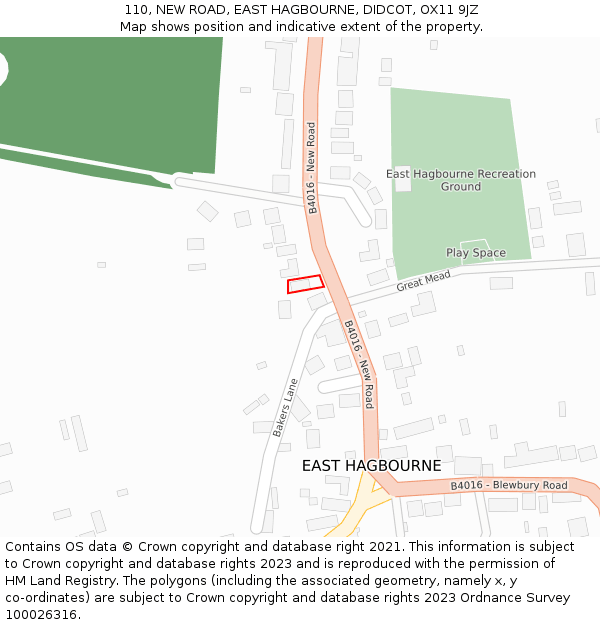 110, NEW ROAD, EAST HAGBOURNE, DIDCOT, OX11 9JZ: Location map and indicative extent of plot