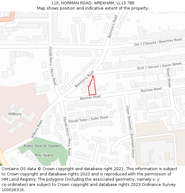 110, NORMAN ROAD, WREXHAM, LL13 7BE: Location map and indicative extent of plot