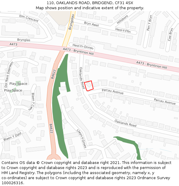 110, OAKLANDS ROAD, BRIDGEND, CF31 4SX: Location map and indicative extent of plot