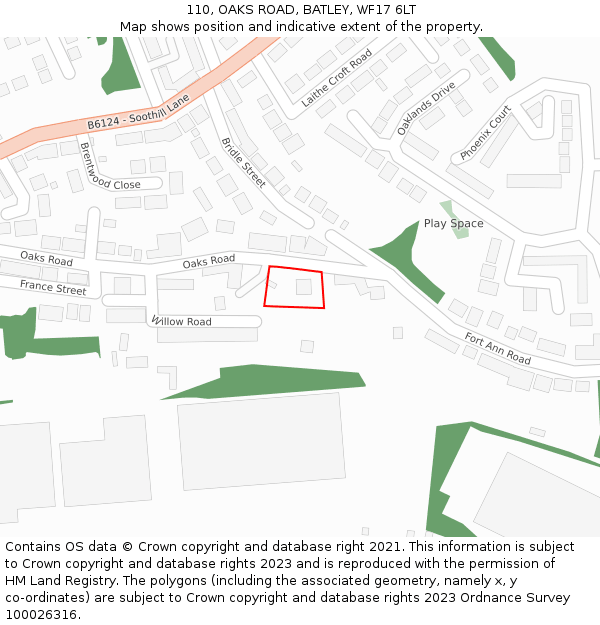 110, OAKS ROAD, BATLEY, WF17 6LT: Location map and indicative extent of plot