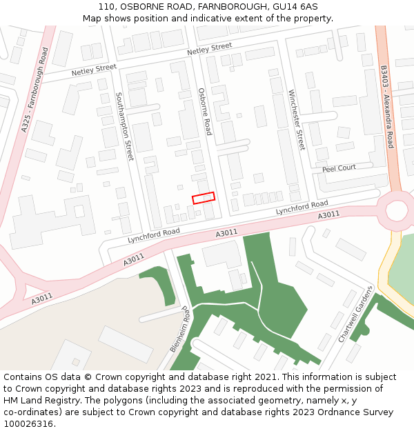 110, OSBORNE ROAD, FARNBOROUGH, GU14 6AS: Location map and indicative extent of plot