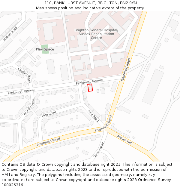 110, PANKHURST AVENUE, BRIGHTON, BN2 9YN: Location map and indicative extent of plot
