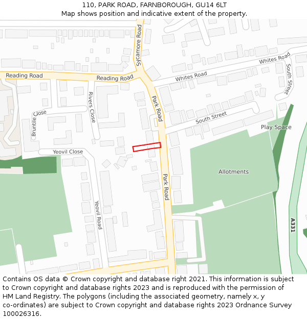 110, PARK ROAD, FARNBOROUGH, GU14 6LT: Location map and indicative extent of plot