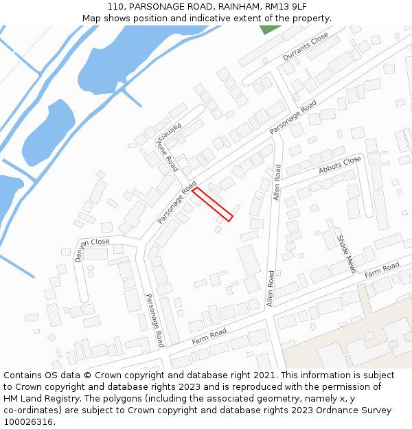 110, PARSONAGE ROAD, RAINHAM, RM13 9LF: Location map and indicative extent of plot