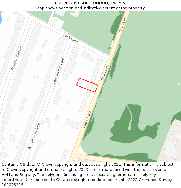 110, PRIORY LANE, LONDON, SW15 5JL: Location map and indicative extent of plot