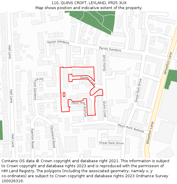 110, QUINS CROFT, LEYLAND, PR25 3UX: Location map and indicative extent of plot