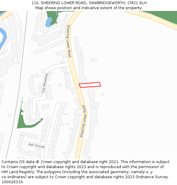 110, SHEERING LOWER ROAD, SAWBRIDGEWORTH, CM21 9LH: Location map and indicative extent of plot