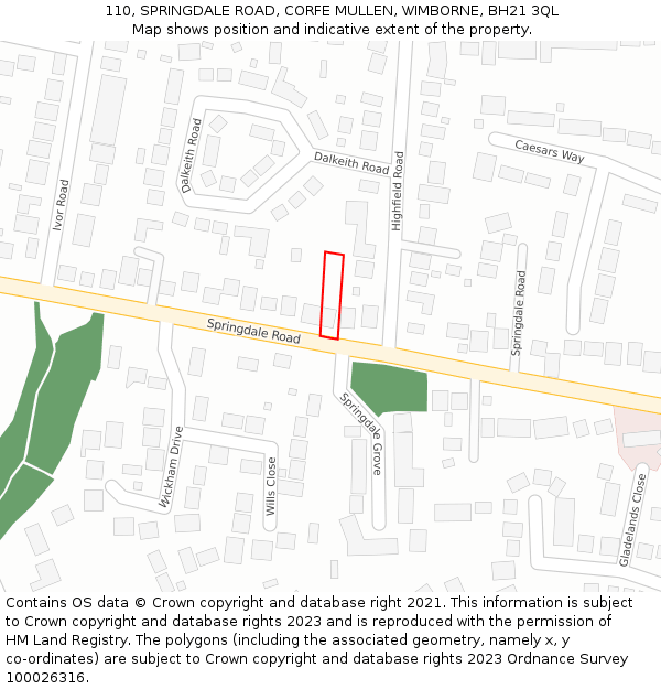 110, SPRINGDALE ROAD, CORFE MULLEN, WIMBORNE, BH21 3QL: Location map and indicative extent of plot