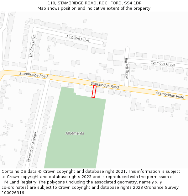 110, STAMBRIDGE ROAD, ROCHFORD, SS4 1DP: Location map and indicative extent of plot