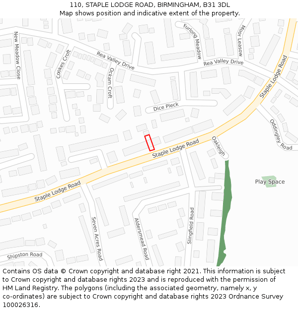 110, STAPLE LODGE ROAD, BIRMINGHAM, B31 3DL: Location map and indicative extent of plot