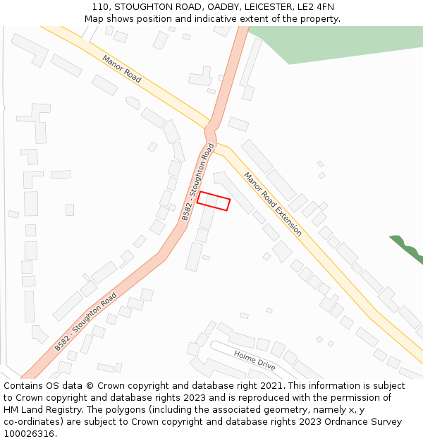 110, STOUGHTON ROAD, OADBY, LEICESTER, LE2 4FN: Location map and indicative extent of plot