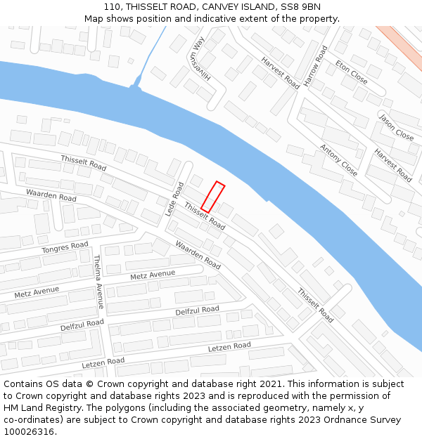 110, THISSELT ROAD, CANVEY ISLAND, SS8 9BN: Location map and indicative extent of plot