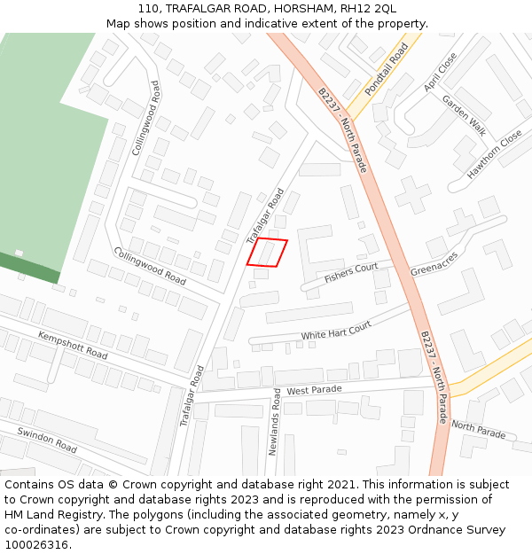 110, TRAFALGAR ROAD, HORSHAM, RH12 2QL: Location map and indicative extent of plot