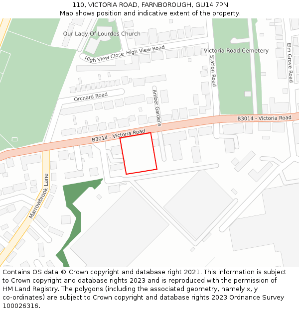 110, VICTORIA ROAD, FARNBOROUGH, GU14 7PN: Location map and indicative extent of plot