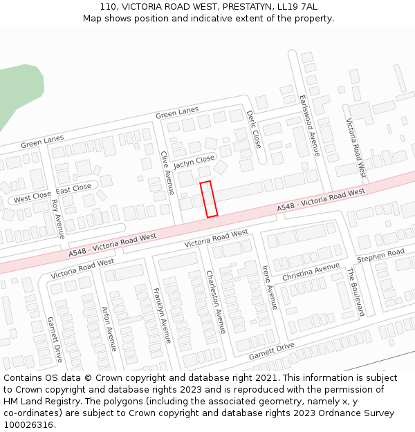 110, VICTORIA ROAD WEST, PRESTATYN, LL19 7AL: Location map and indicative extent of plot