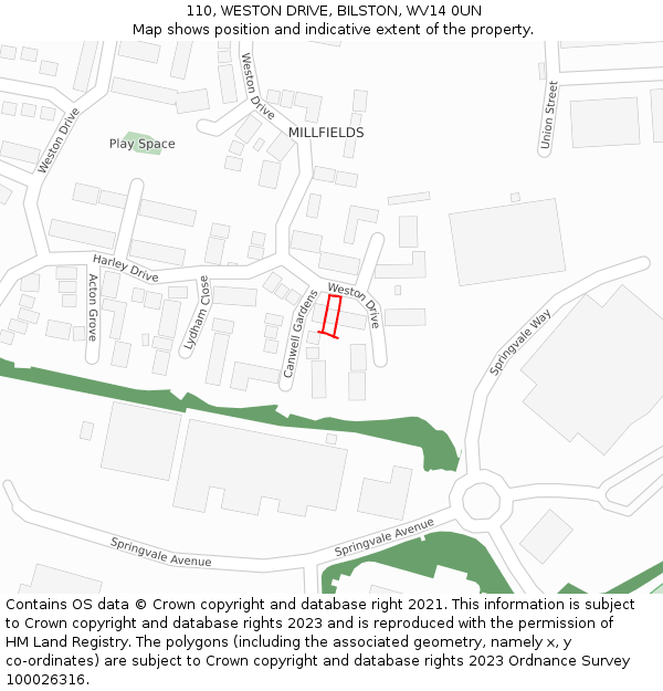 110, WESTON DRIVE, BILSTON, WV14 0UN: Location map and indicative extent of plot