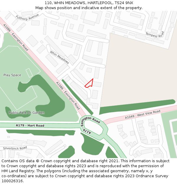 110, WHIN MEADOWS, HARTLEPOOL, TS24 9NX: Location map and indicative extent of plot