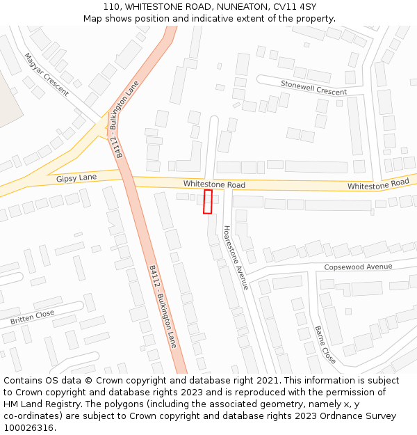 110, WHITESTONE ROAD, NUNEATON, CV11 4SY: Location map and indicative extent of plot