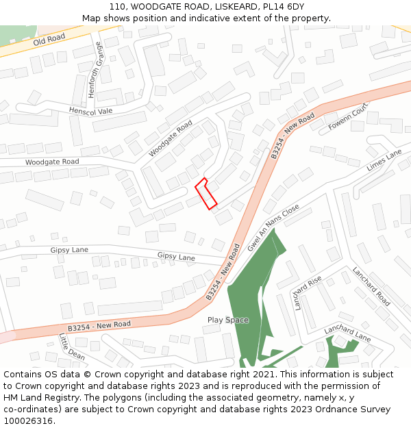 110, WOODGATE ROAD, LISKEARD, PL14 6DY: Location map and indicative extent of plot