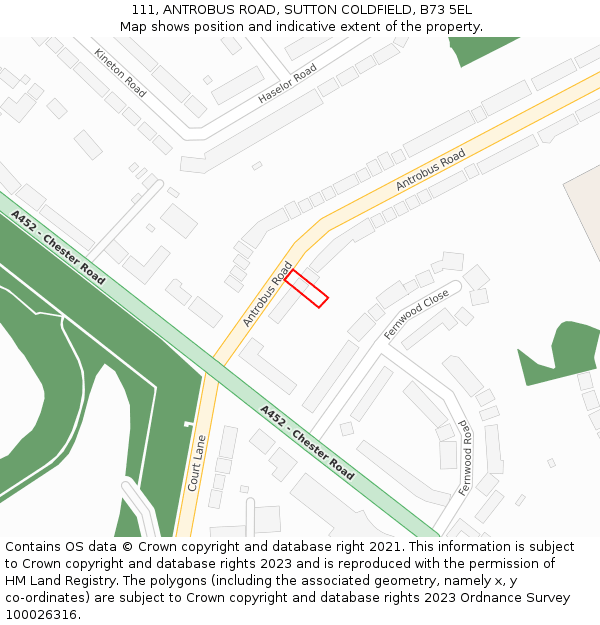 111, ANTROBUS ROAD, SUTTON COLDFIELD, B73 5EL: Location map and indicative extent of plot