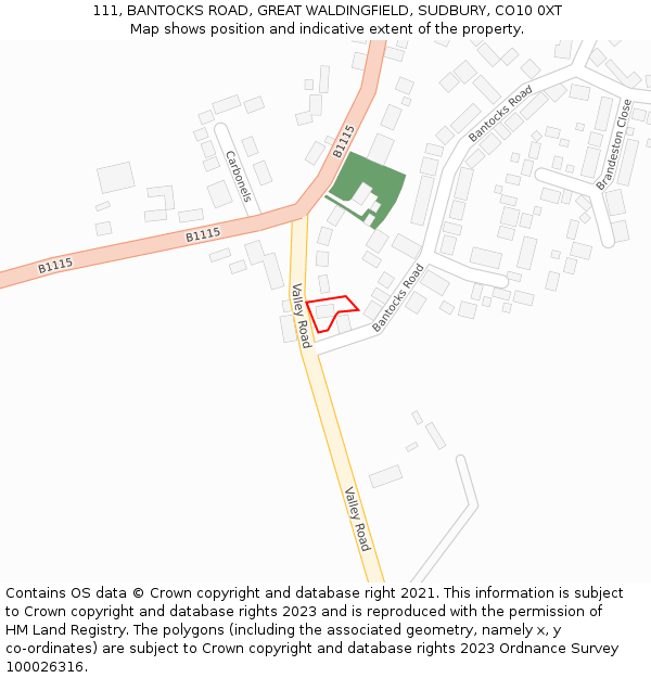 111, BANTOCKS ROAD, GREAT WALDINGFIELD, SUDBURY, CO10 0XT: Location map and indicative extent of plot