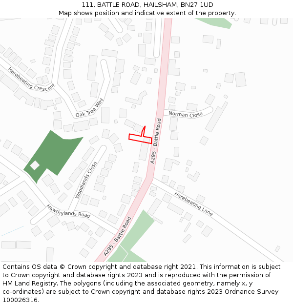 111, BATTLE ROAD, HAILSHAM, BN27 1UD: Location map and indicative extent of plot