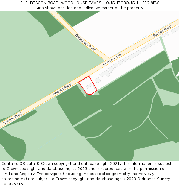 111, BEACON ROAD, WOODHOUSE EAVES, LOUGHBOROUGH, LE12 8RW: Location map and indicative extent of plot