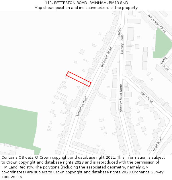 111, BETTERTON ROAD, RAINHAM, RM13 8ND: Location map and indicative extent of plot
