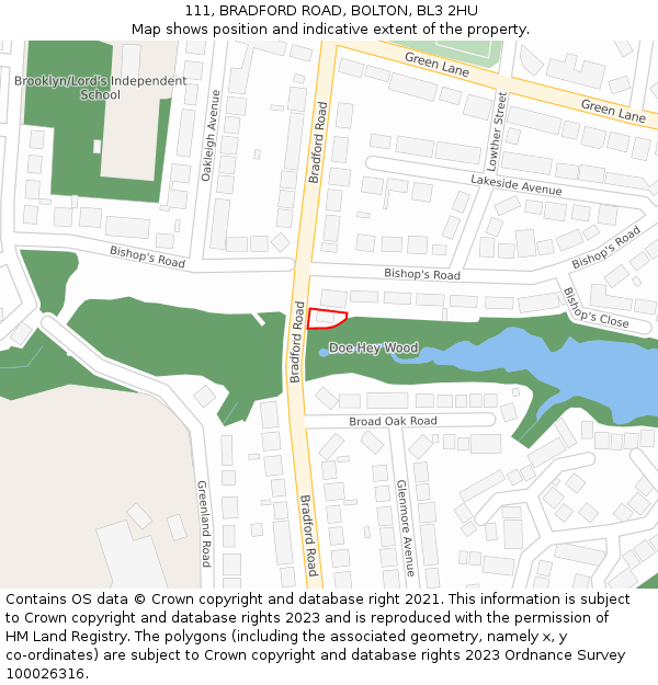 111, BRADFORD ROAD, BOLTON, BL3 2HU: Location map and indicative extent of plot