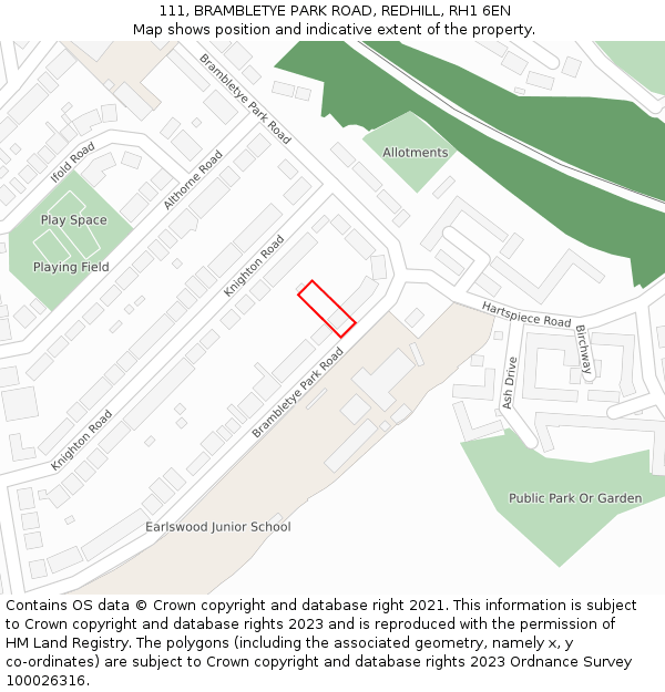 111, BRAMBLETYE PARK ROAD, REDHILL, RH1 6EN: Location map and indicative extent of plot